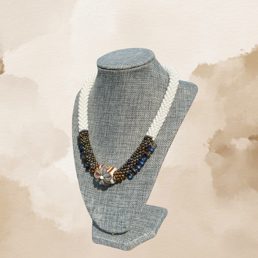 Whispering Bloom Beaded Necklace — Elegant Floral Accent with Pearl White and Bronze Beads