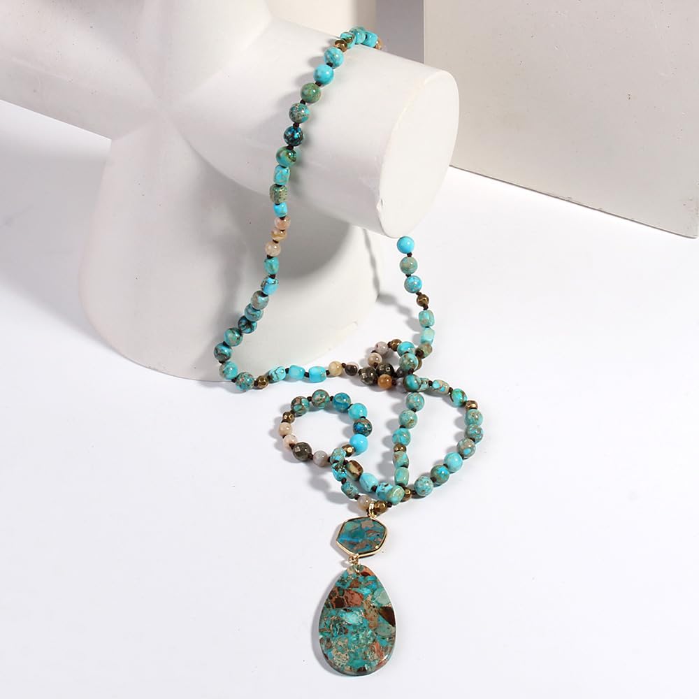 Yomisa Boho Necklaces for Women/Men Trendy,35 Inch Natural Stone Beaded Long Pendant Turquoise Necklaces for Womens,Handmade Bohemian Fashion Chakra Chunky Statement Charm Necklace Jewelry Gift