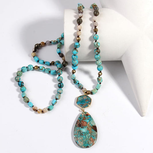 Yomisa Boho Necklaces for Women/Men Trendy,35 Inch Natural Stone Beaded Long Pendant Turquoise Necklaces for Womens,Handmade Bohemian Fashion Chakra Chunky Statement Charm Necklace Jewelry Gift