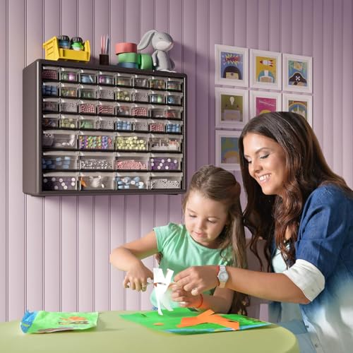 Akro-Mils 44-Drawer Plastic Drawer Storage Cabinet for Garage Organization, Bead Organizer, Building Bricks Storage, Teacher Toolbox, Makeup Organizer, 20-Inch W x 6-Inch D x 16-Inch H, 10144 Black