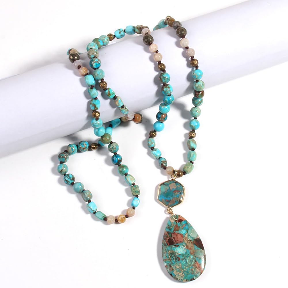 Yomisa Boho Necklaces for Women/Men Trendy,35 Inch Natural Stone Beaded Long Pendant Turquoise Necklaces for Womens,Handmade Bohemian Fashion Chakra Chunky Statement Charm Necklace Jewelry Gift