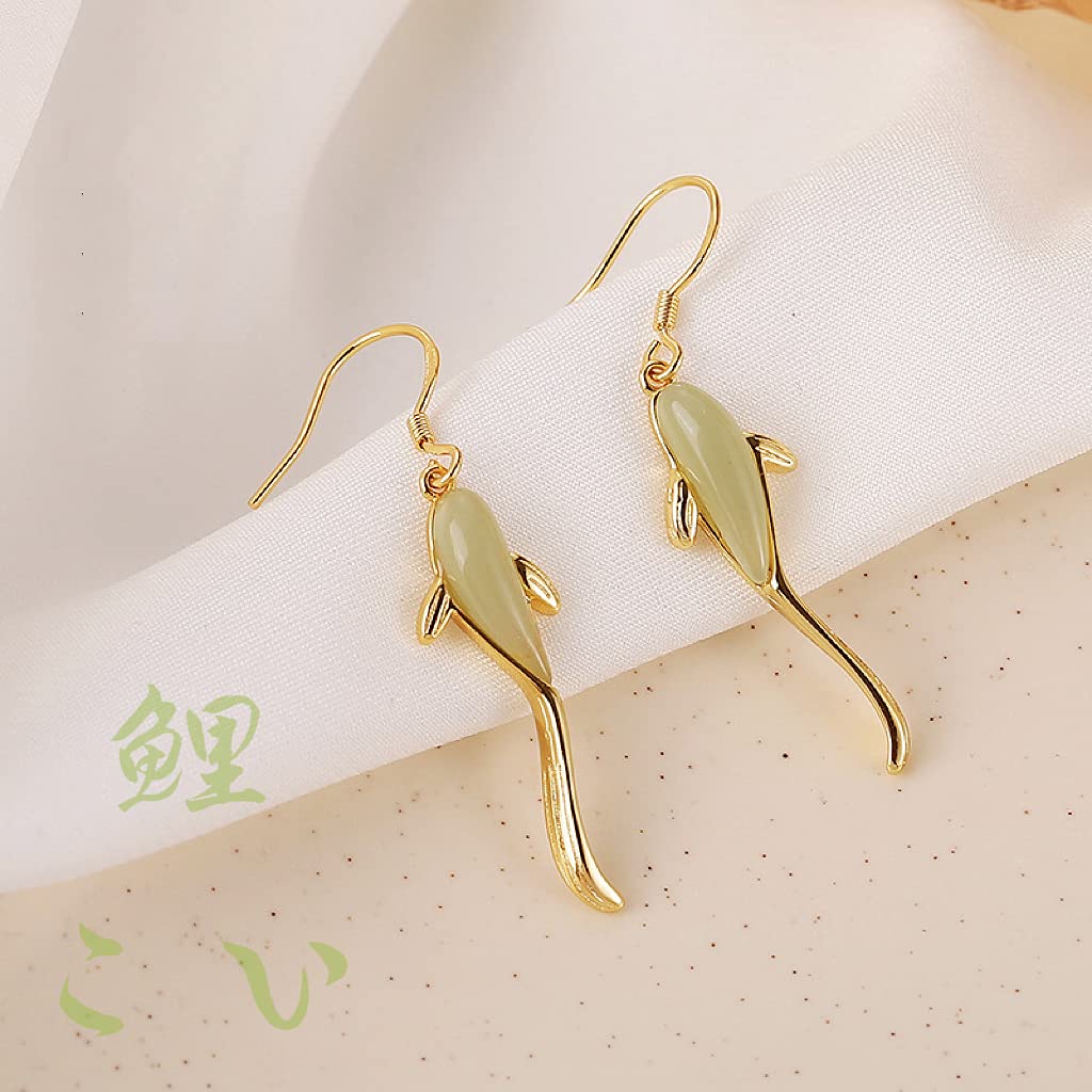 KOI Japanese Koi Fish Earrings - Genuine Jade & 14k Gold (KOI)