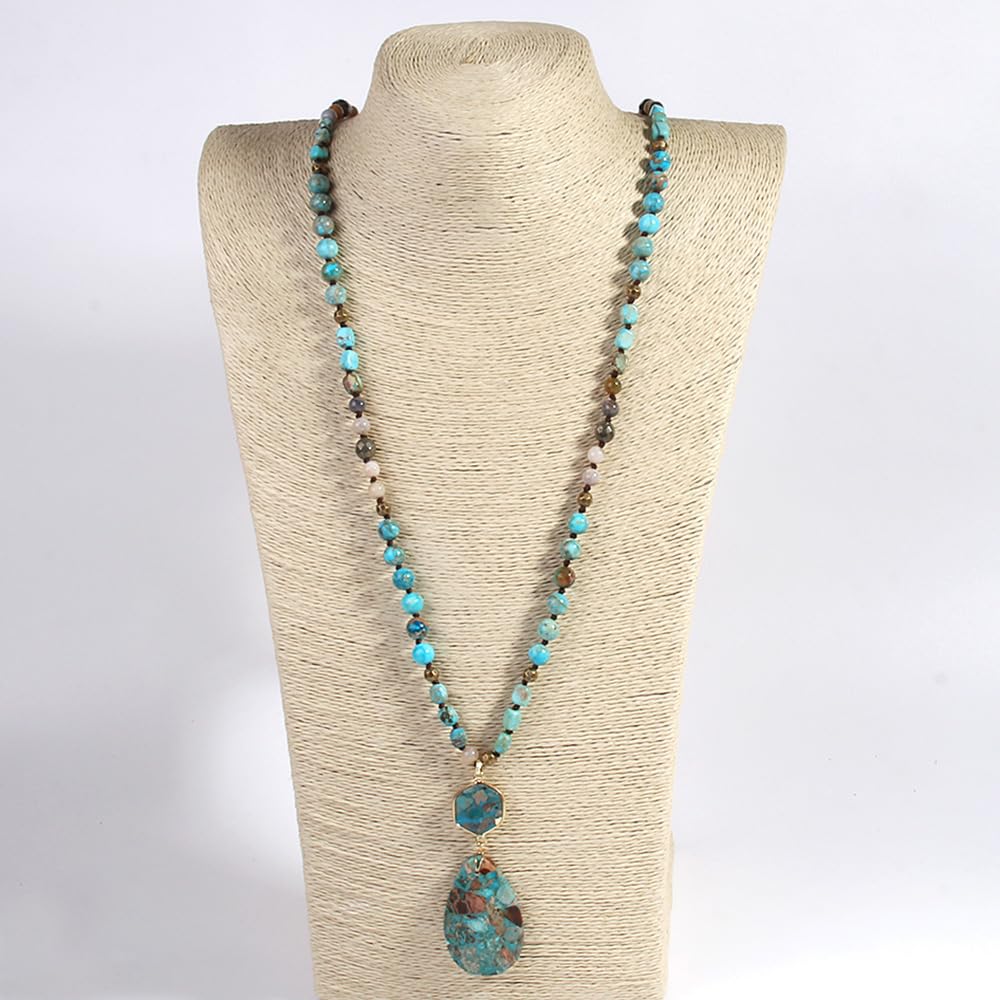 Yomisa Boho Necklaces for Women/Men Trendy,35 Inch Natural Stone Beaded Long Pendant Turquoise Necklaces for Womens,Handmade Bohemian Fashion Chakra Chunky Statement Charm Necklace Jewelry Gift