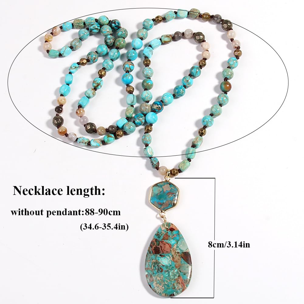 Yomisa Boho Necklaces for Women/Men Trendy,35 Inch Natural Stone Beaded Long Pendant Turquoise Necklaces for Womens,Handmade Bohemian Fashion Chakra Chunky Statement Charm Necklace Jewelry Gift