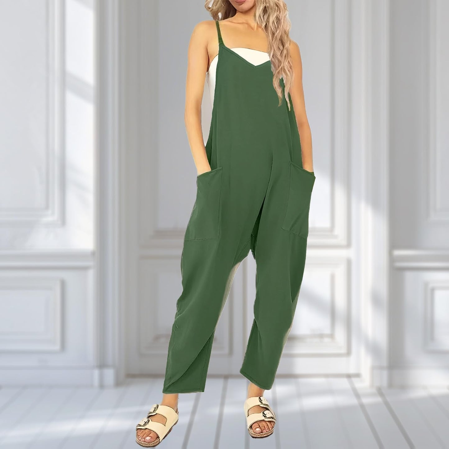 UNIANKIYA One Piece Jumpsuits for Women Casual Sleeveless Spaghetti Strap Rompers Summer Overalls Beach Vacation Outfits 2025