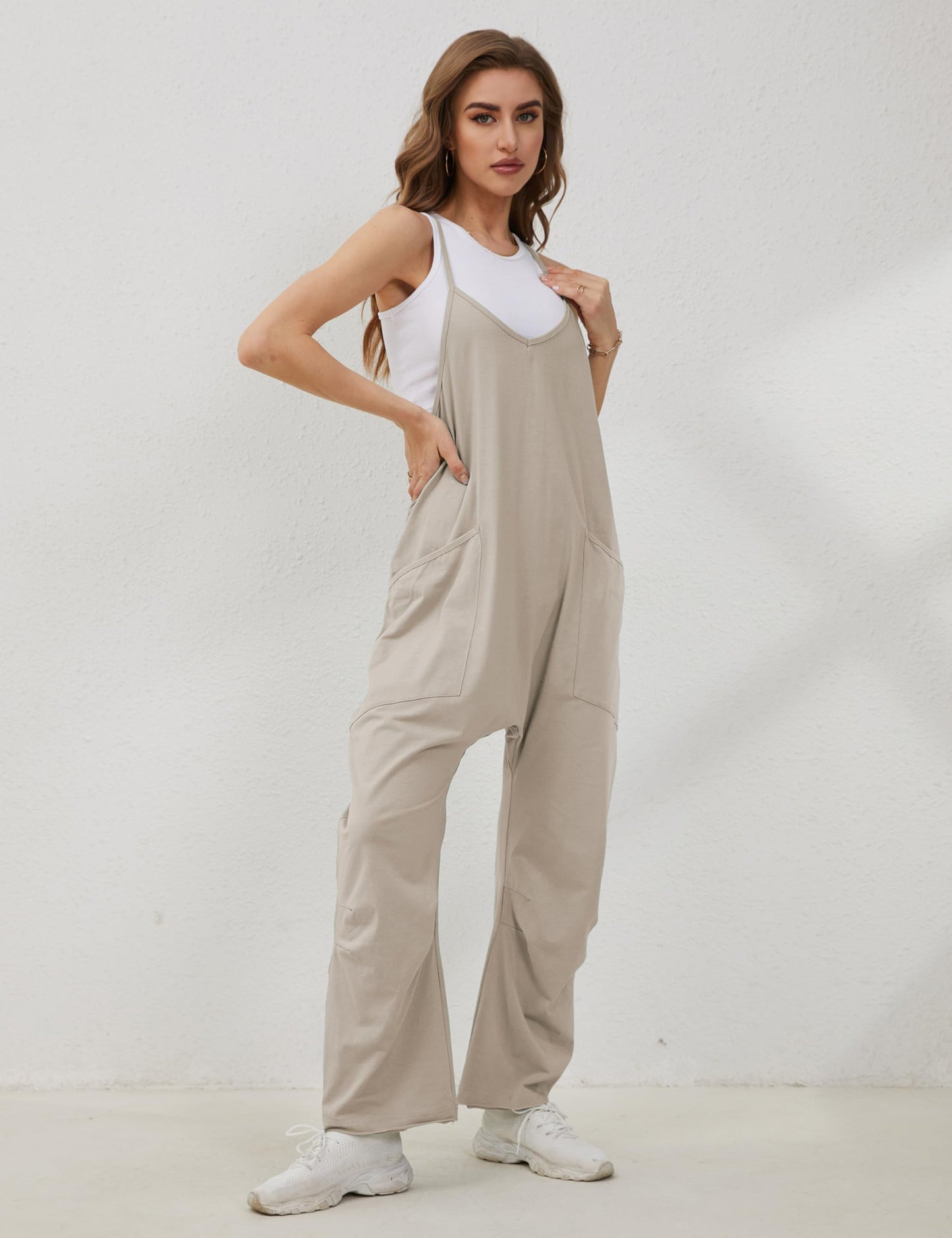 Lentta Women's Causal Jumpsuits V Neck Sleeveless Harem Overalls Stretchy Adjustable Strap Romper with Pockets(LightKhaki-M)