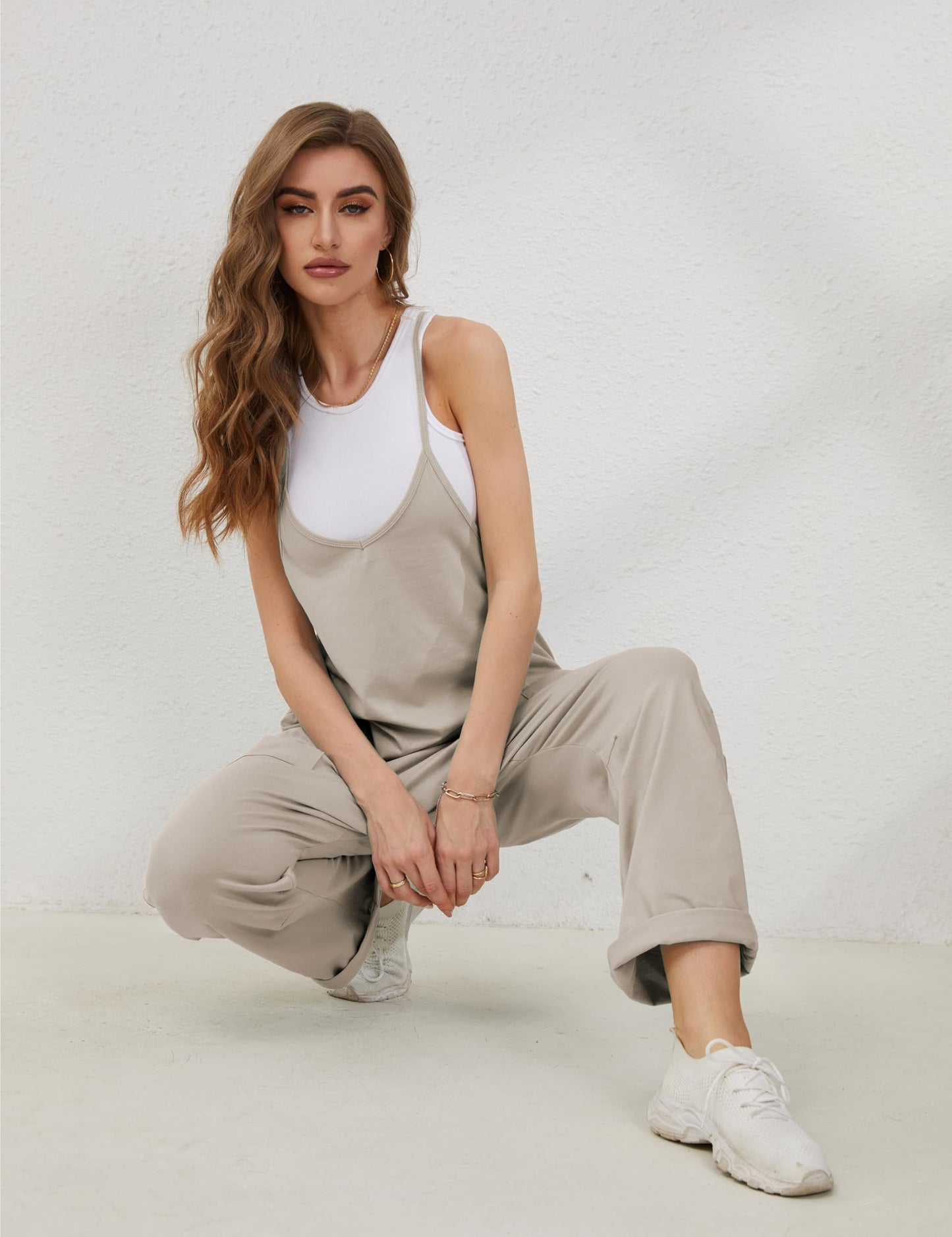 Lentta Women's Causal Jumpsuits V Neck Sleeveless Harem Overalls Stretchy Adjustable Strap Romper with Pockets(LightKhaki-M)