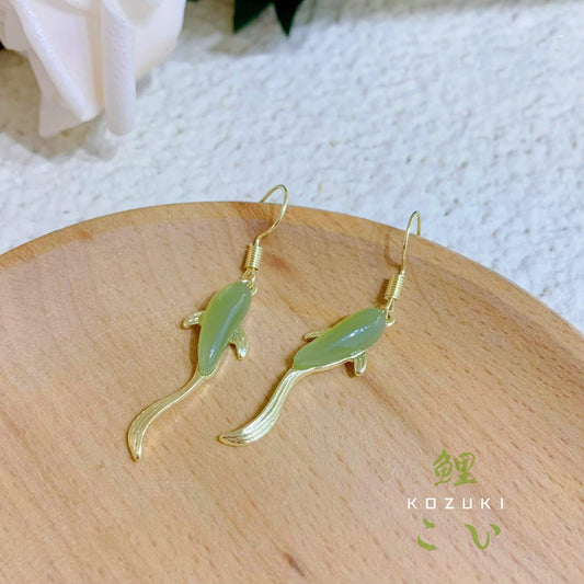 KOI Japanese Koi Fish Earrings - Genuine Jade & 14k Gold (KOI)