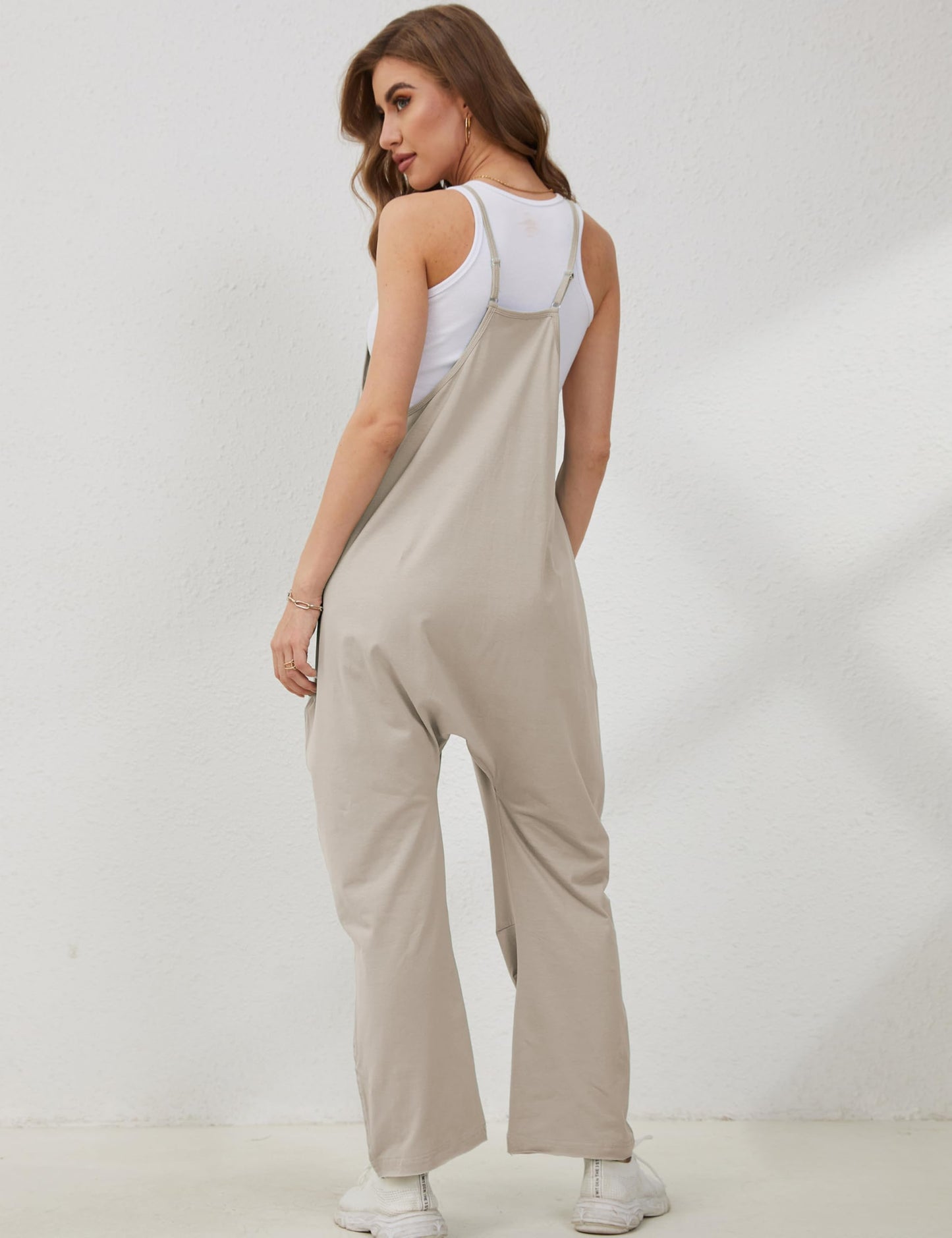 Lentta Women's Causal Jumpsuits V Neck Sleeveless Harem Overalls Stretchy Adjustable Strap Romper with Pockets(LightKhaki-M)