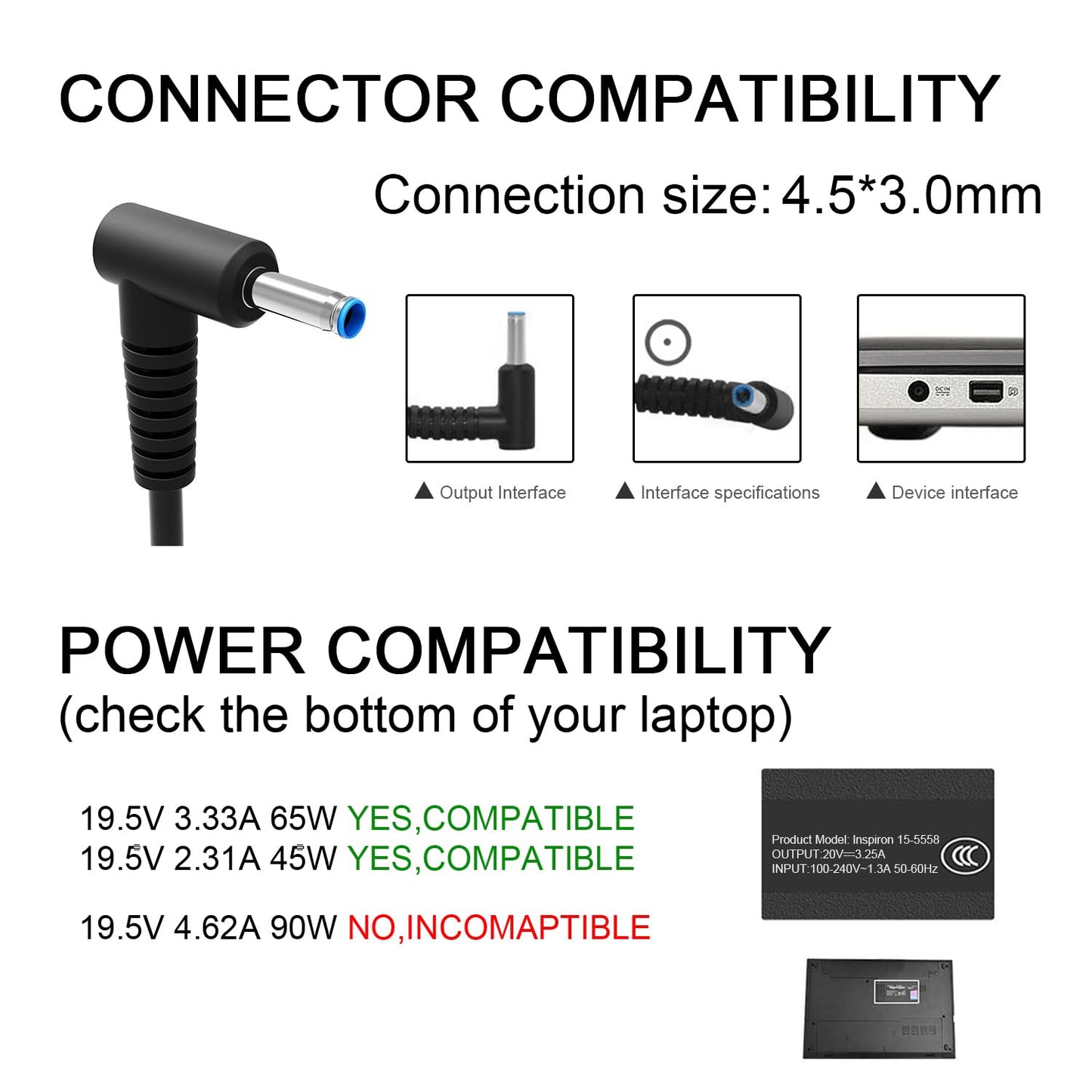 HIBBO Charger Compatible with HP Laptop Computer 65W 45W Smart Blue Tip Power Adapter