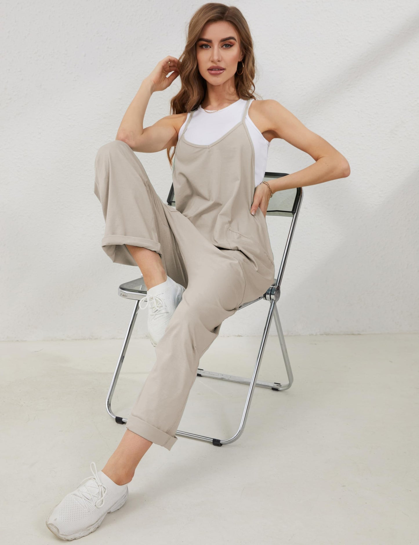 Lentta Women's Causal Jumpsuits V Neck Sleeveless Harem Overalls Stretchy Adjustable Strap Romper with Pockets(LightKhaki-M)