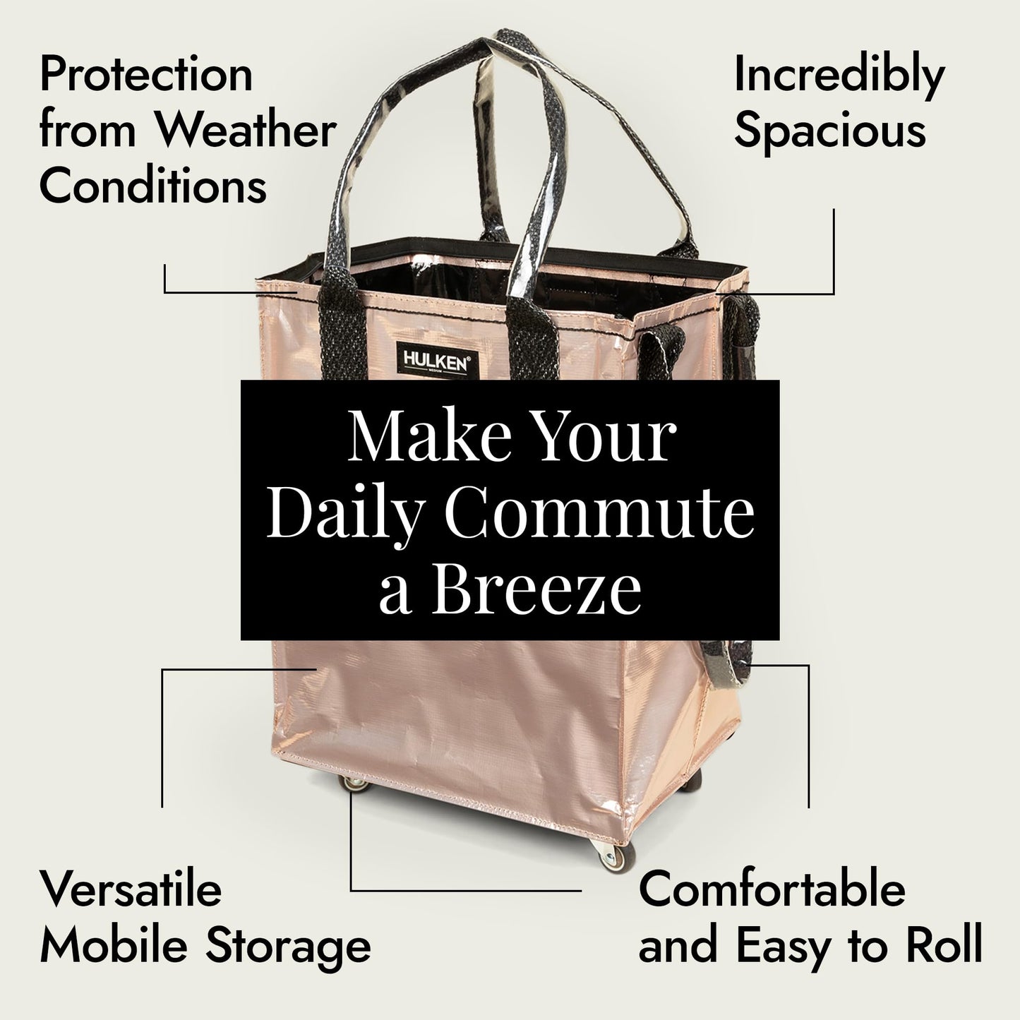 (Medium, Rose Gold) Reusable Grocery Bag On Wheels, Shopping Trolley, Rolling Tote, Zipper Closure, Lightweight, Carries Up to 66 lb, Folds Flat, Unbreakable Handles