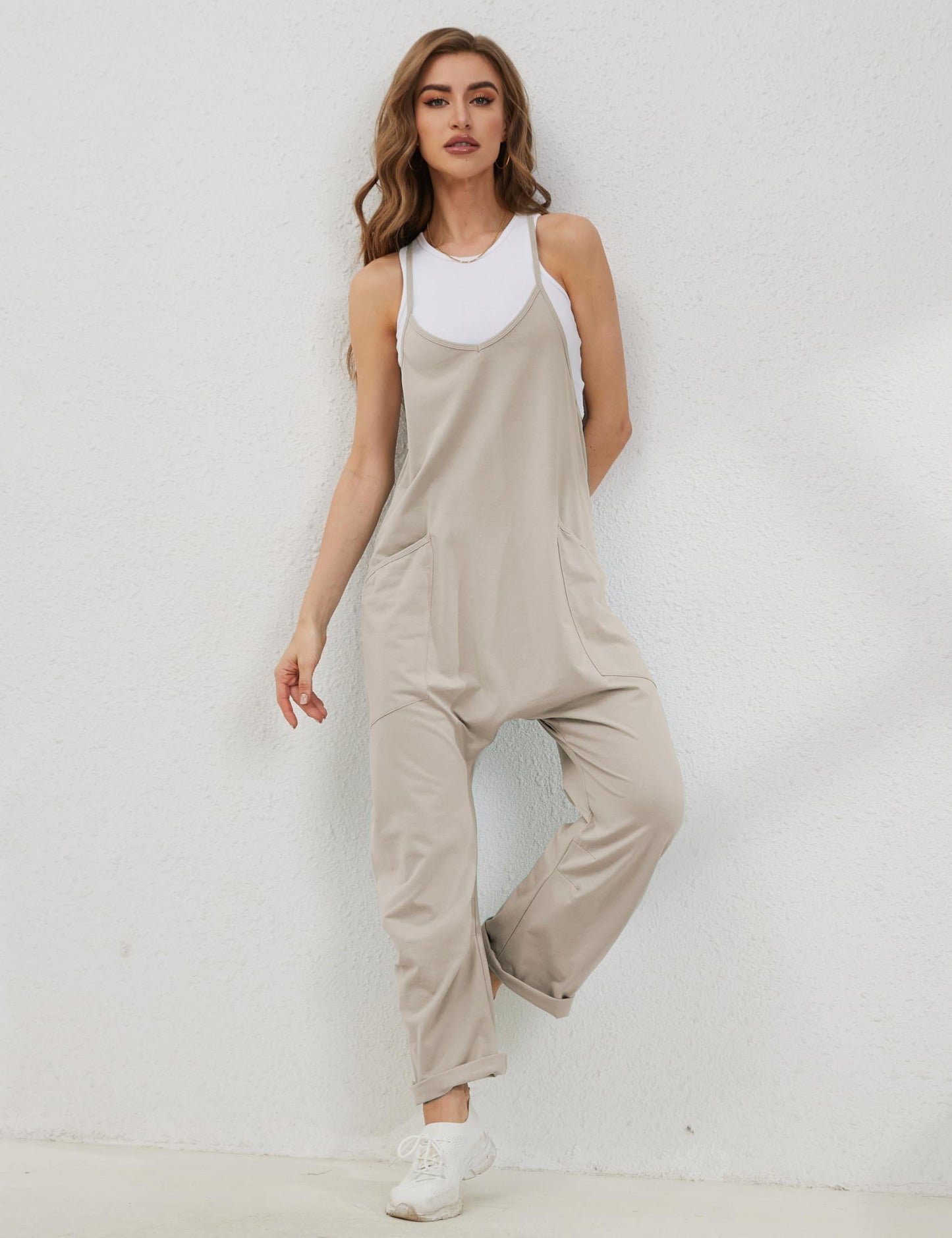 Lentta Women's Causal Jumpsuits V Neck Sleeveless Harem Overalls Stretchy Adjustable Strap Romper with Pockets(LightKhaki-M)