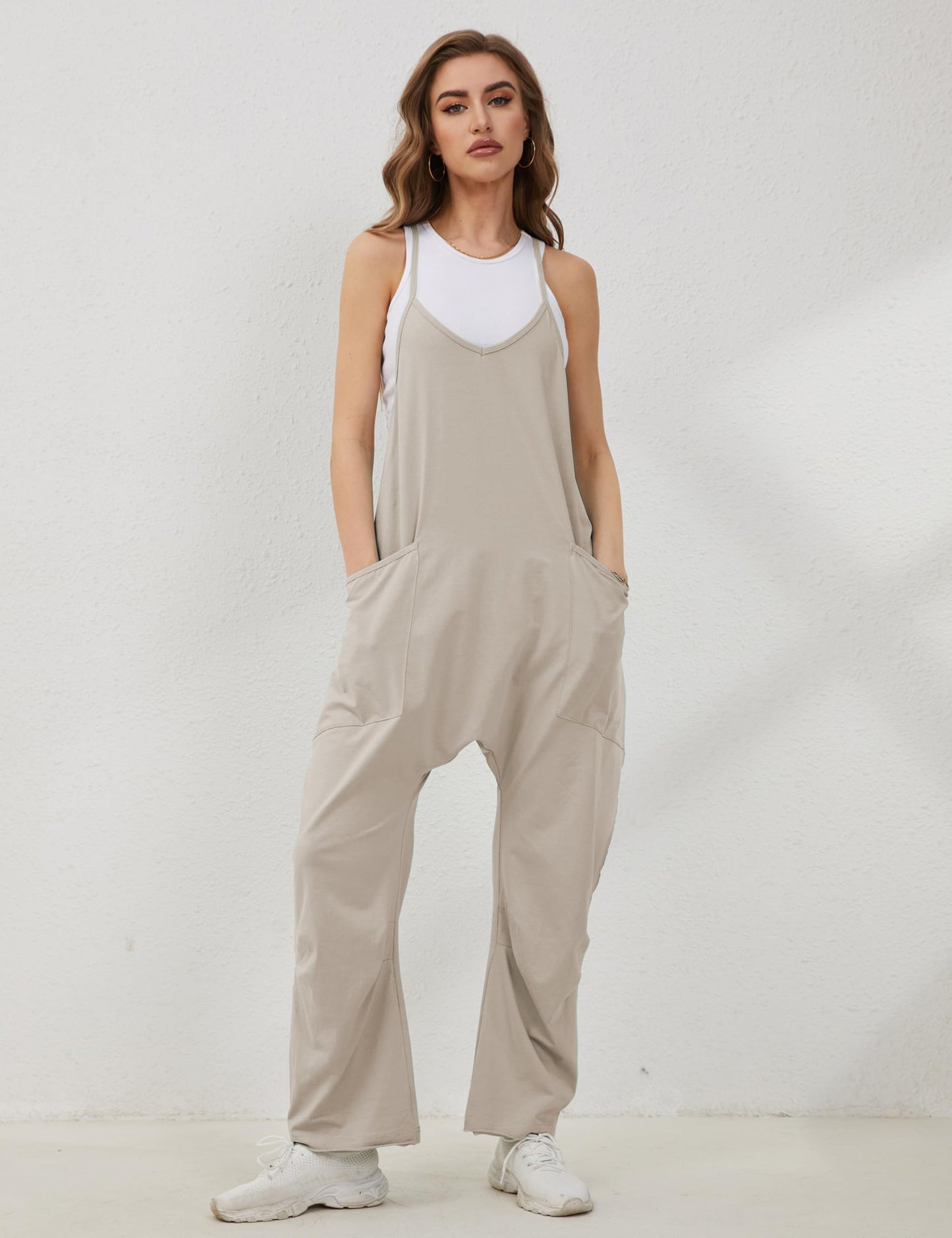 Lentta Women's Causal Jumpsuits V Neck Sleeveless Harem Overalls Stretchy Adjustable Strap Romper with Pockets(LightKhaki-M)