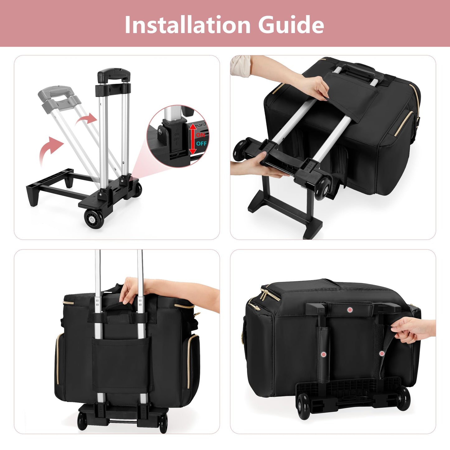 Prokva Rolling Teacher Bag with Wheels, Teacher Tote Bag with Detachable Trolley, Fits for 15.6" Laptop, Black (Patent Design)