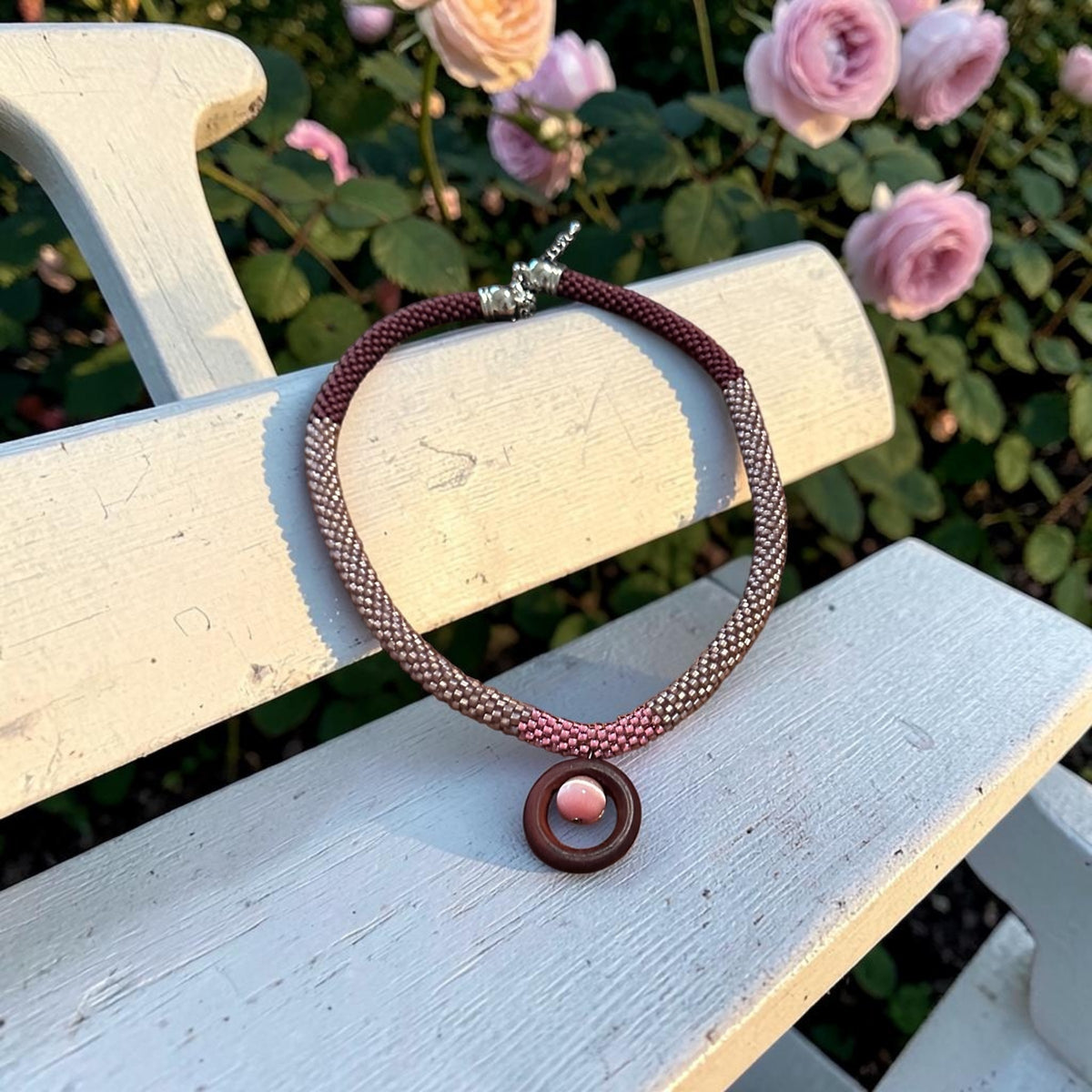 Rosy Horizon Beaded Necklace — Gradient Pink Elegance with Wooden Pendant