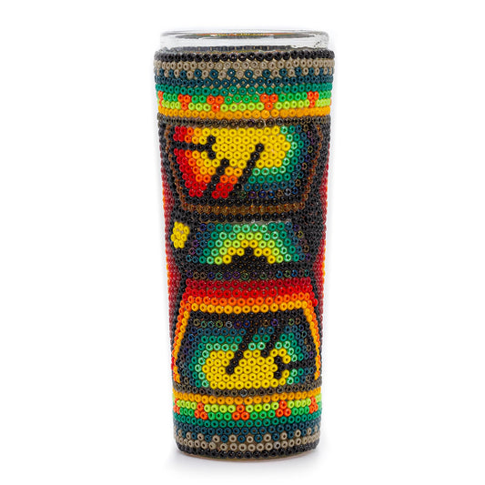 MEXTEQUIL Huichol Beaded Shot Glass – Art Chaquira with Xirarrika Deity Figures – Mexican Folk Art Gift (Peyote)
