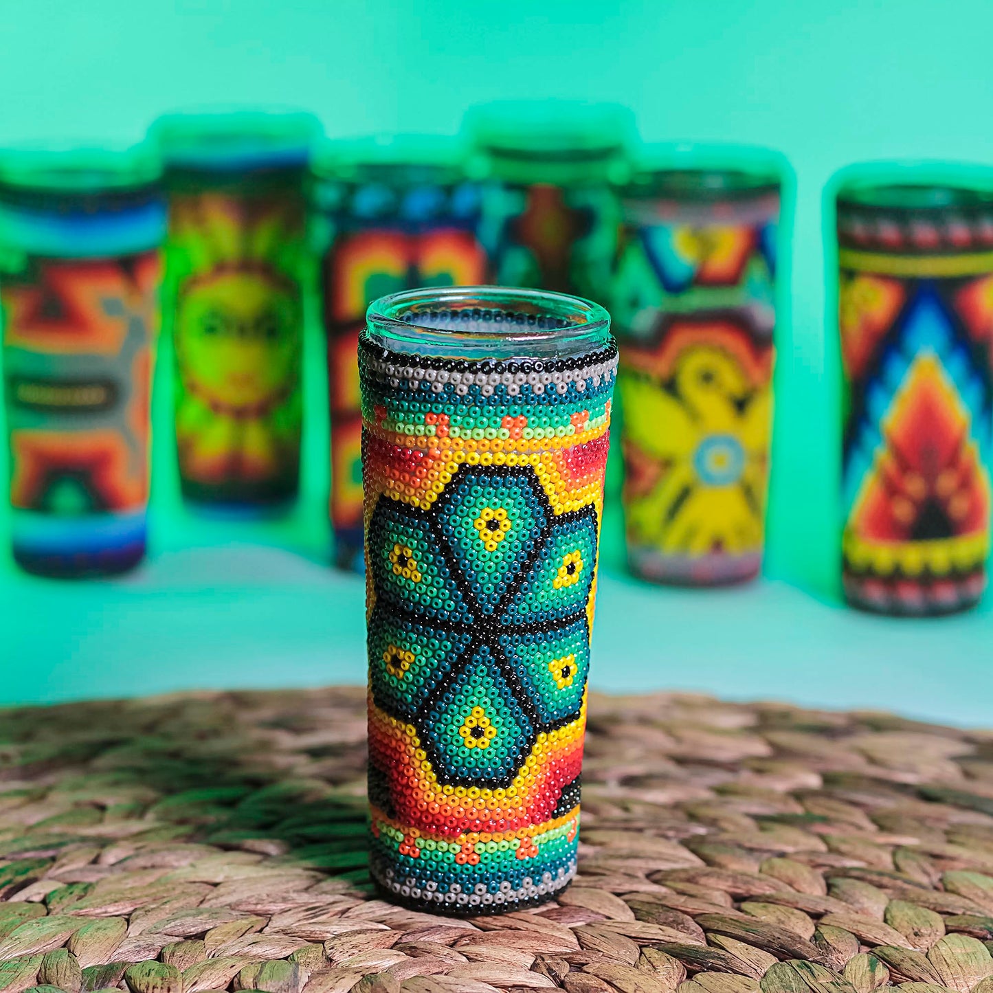 MEXTEQUIL Huichol Beaded Shot Glass – Art Chaquira with Xirarrika Deity Figures – Mexican Folk Art Gift (Peyote)