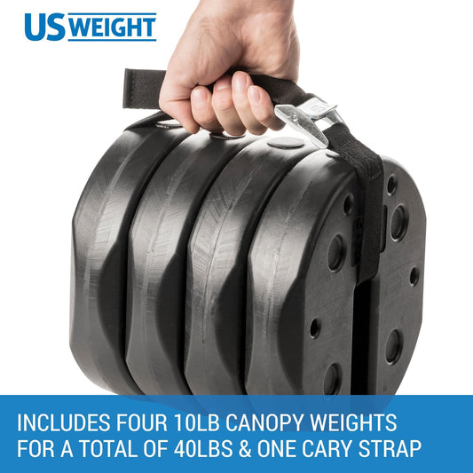US Weight 40 Pound Canopy Weight Set of 4 and Carry Strap with No-Pinch Design - Easy Installation and Removal to Secure Tents, Canopies, and Umbrellas at Outdoor Events