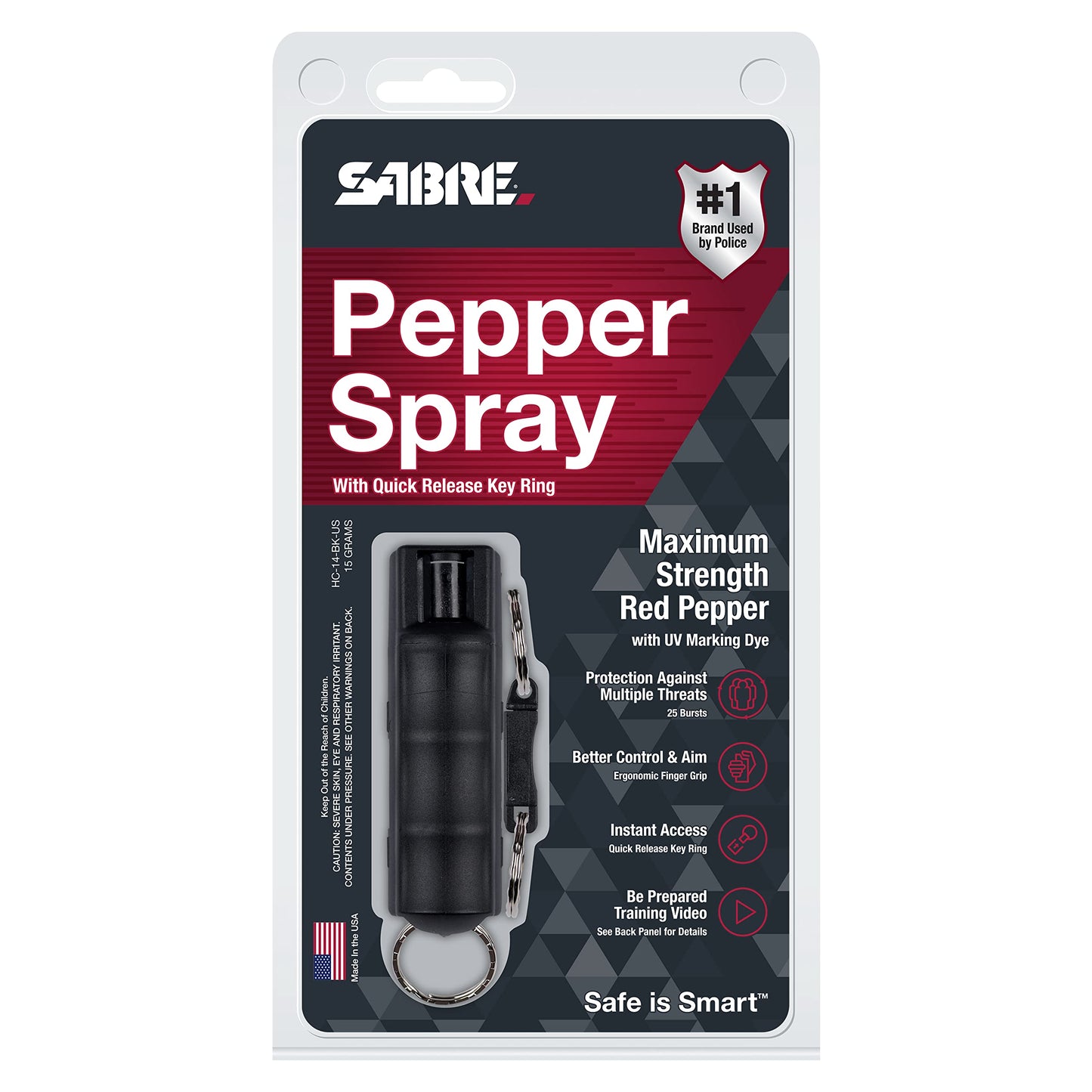 SABRE Pepper Spray, Quick Release Keychain for Easy Carry and Fast Access, Finger Grip for More Accurate and Faster Aim, Maximum Police Strength OC Spray, 0.54 oz, Secure and Easy to Use Safety