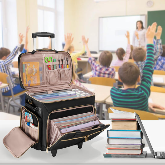 Prokva Rolling Teacher Bag with Wheels, Teacher Tote Bag with Detachable Trolley, Fits for 15.6" Laptop, Black (Patent Design)