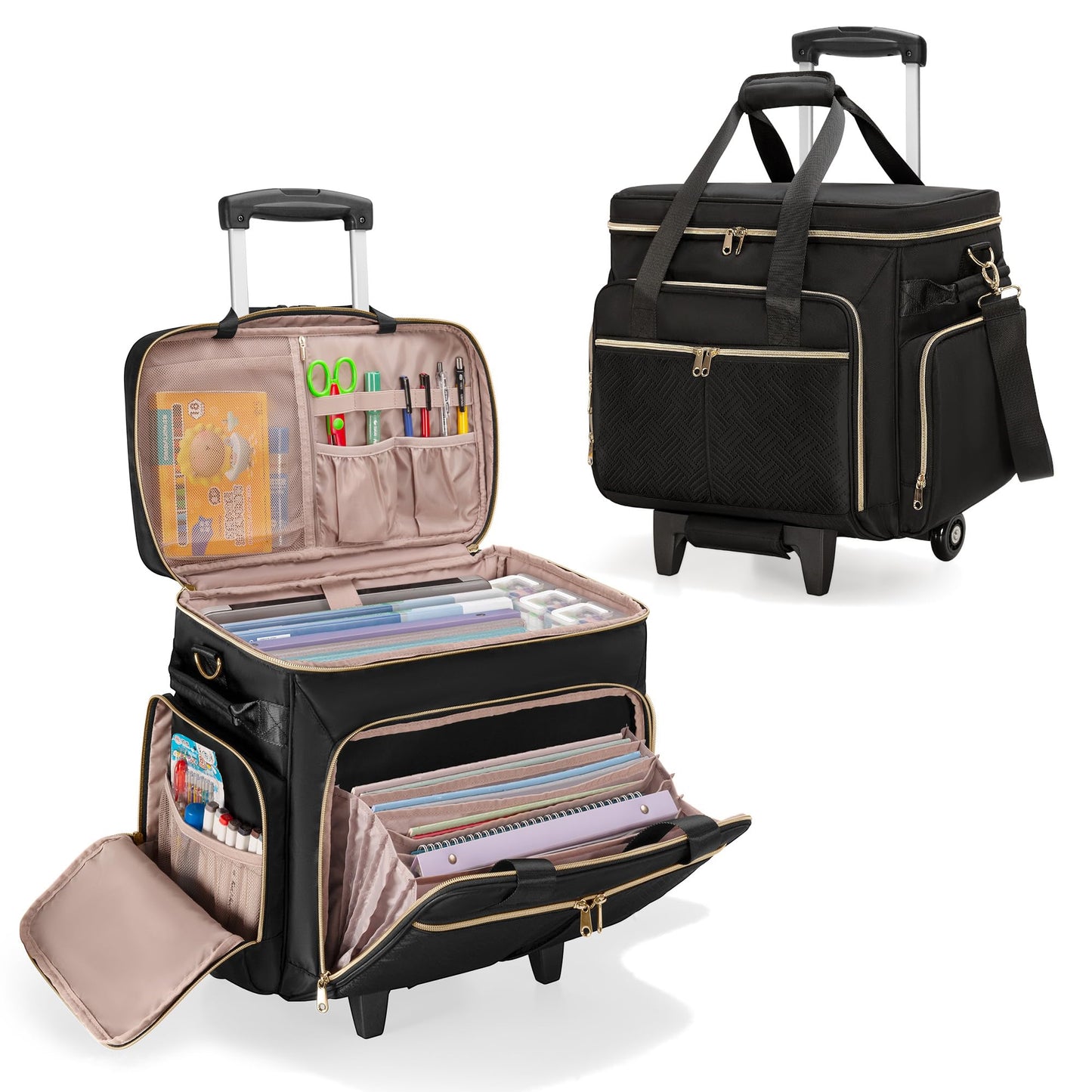 Prokva Rolling Teacher Bag with Wheels, Teacher Tote Bag with Detachable Trolley, Fits for 15.6" Laptop, Black (Patent Design)
