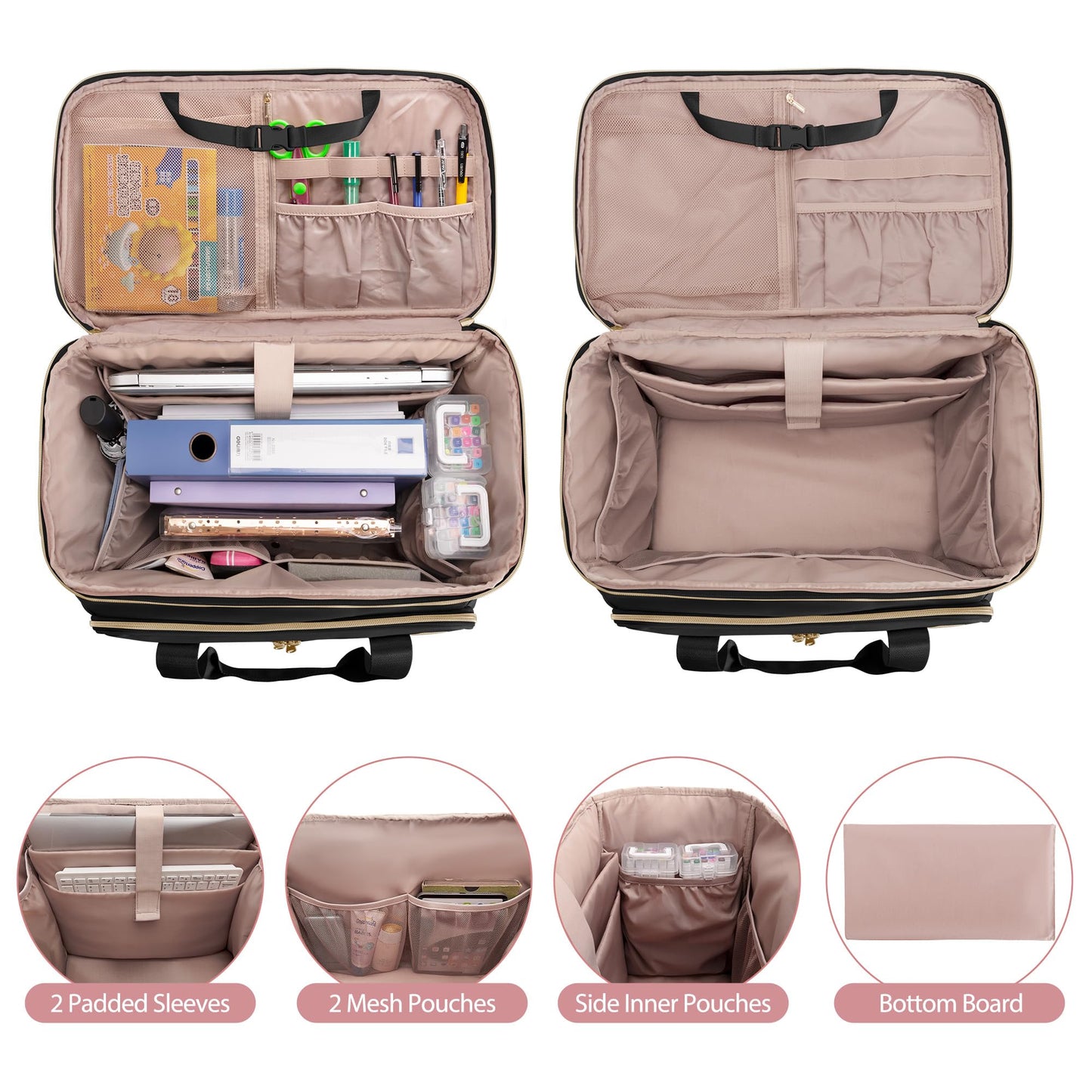 Prokva Rolling Teacher Bag with Wheels, Teacher Tote Bag with Detachable Trolley, Fits for 15.6" Laptop, Black (Patent Design)
