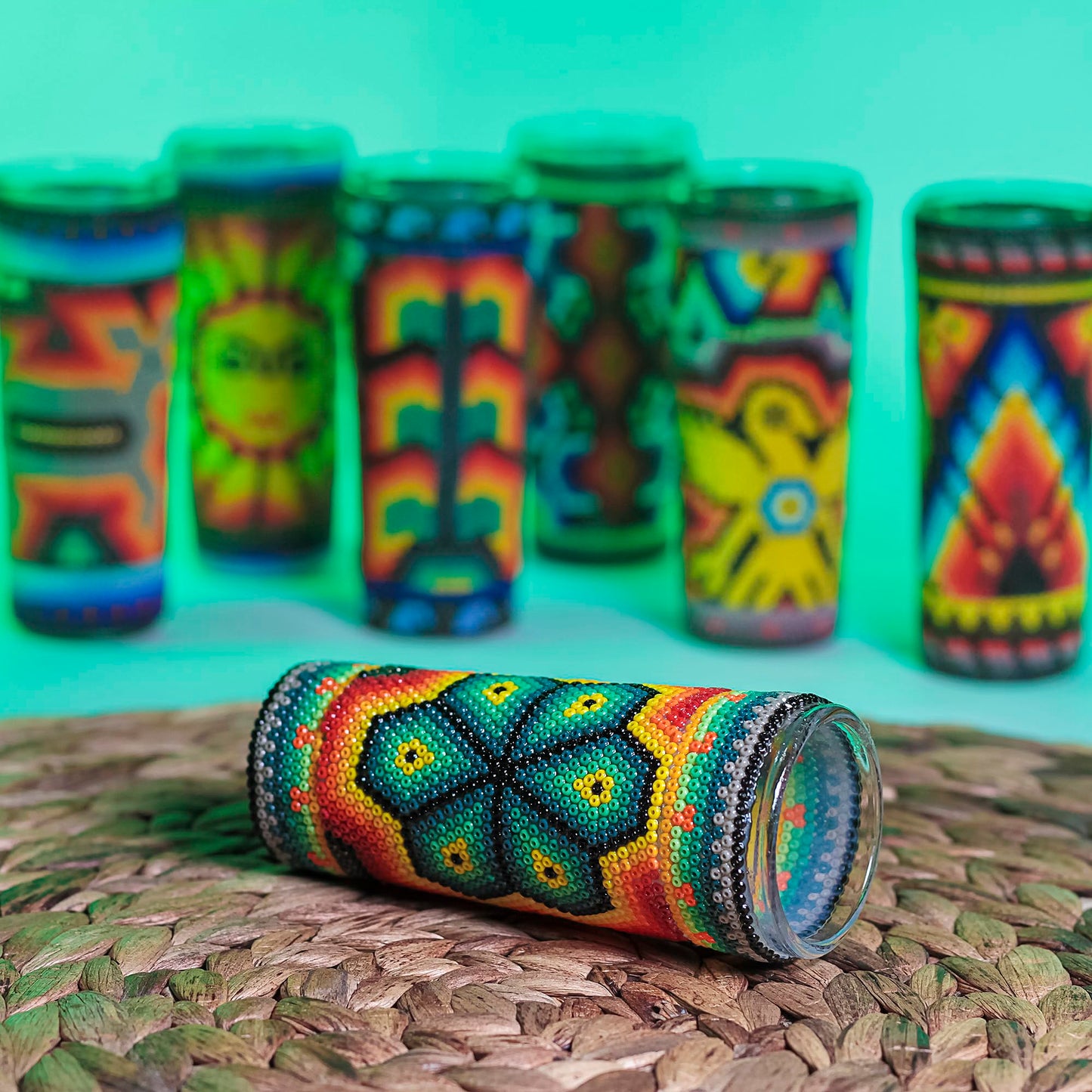MEXTEQUIL Huichol Beaded Shot Glass – Art Chaquira with Xirarrika Deity Figures – Mexican Folk Art Gift (Peyote)