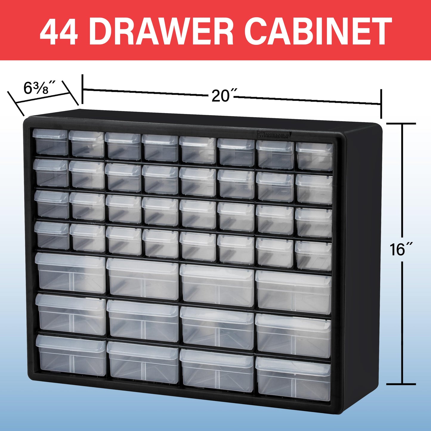 Akro-Mils 44-Drawer Plastic Drawer Storage Cabinet for Garage Organization, Bead Organizer, Building Bricks Storage, Teacher Toolbox, Makeup Organizer, 20" W x 6" D x 16" H, 10144 Black