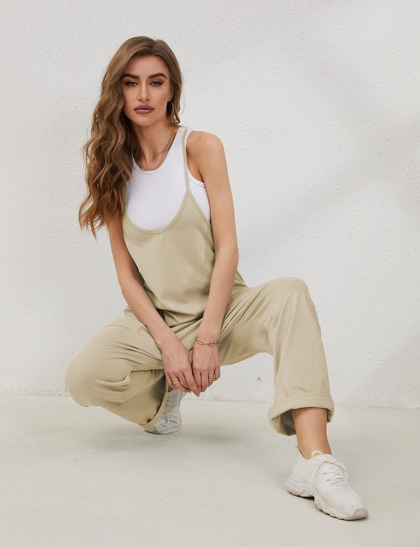 Lentta Women's Causal Jumpsuits V Neck Sleeveless Harem Overalls Stretchy Adjustable Strap Romper with Pockets(LightKhaki-M)