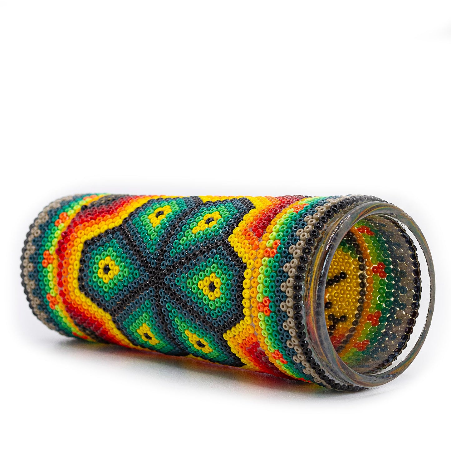 MEXTEQUIL Huichol Beaded Shot Glass – Art Chaquira with Xirarrika Deity Figures – Mexican Folk Art Gift (Peyote)