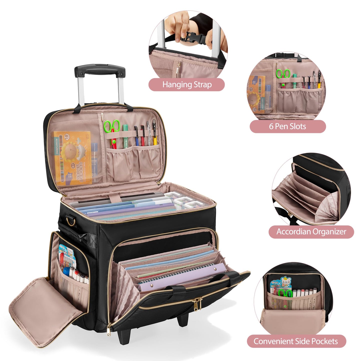 Prokva Rolling Teacher Bag with Wheels, Teacher Tote Bag with Detachable Trolley, Fits for 15.6" Laptop, Black (Patent Design)