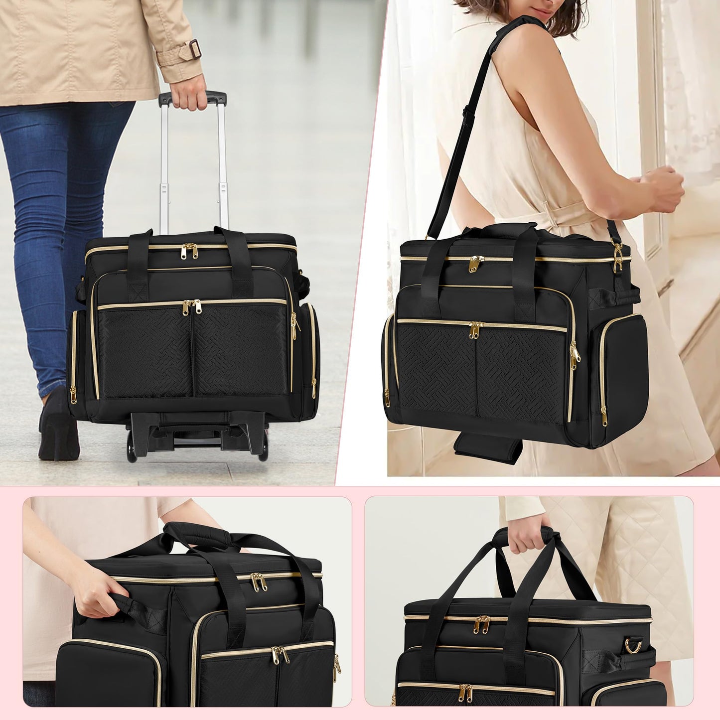 Prokva Rolling Teacher Bag with Wheels, Teacher Tote Bag with Detachable Trolley, Fits for 15.6" Laptop, Black (Patent Design)