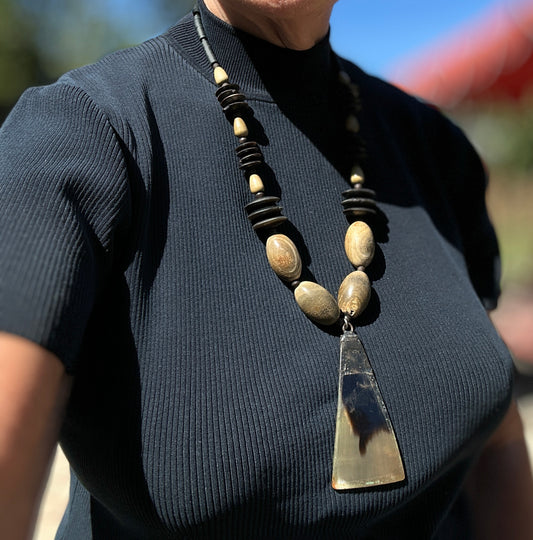 Hand-Beaded African Statement Necklace – Natural Wood & Horn Pendant