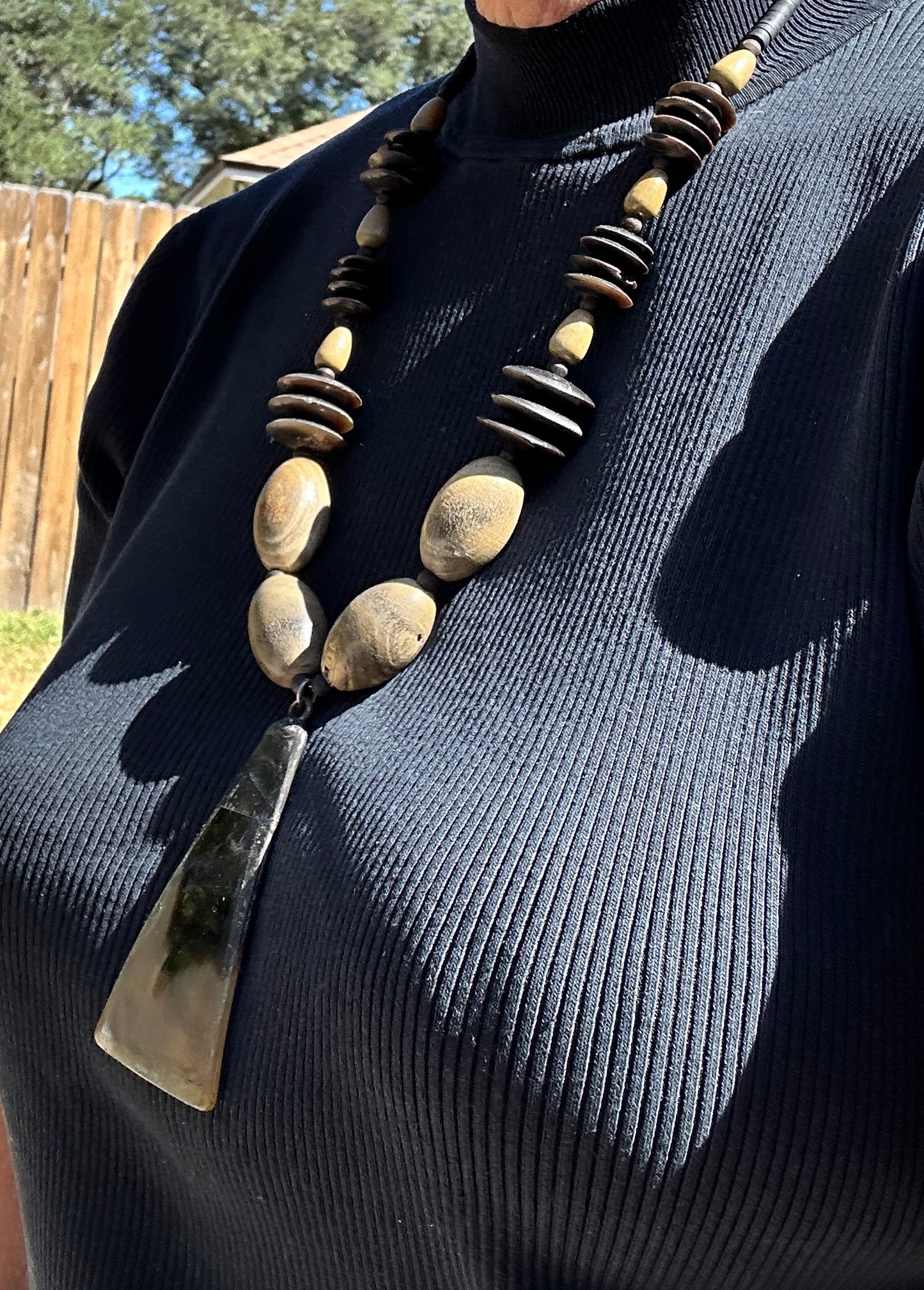 Hand-Beaded African Statement Necklace – Natural Wood & Horn Pendant