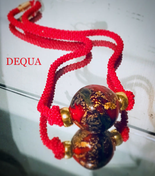 Bold Red Beaded Necklace with Large Decorative Glass