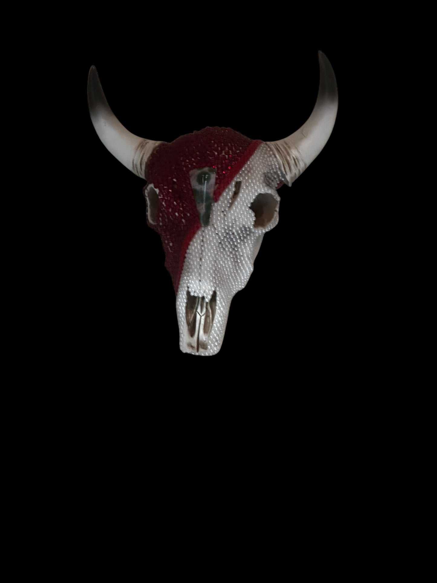 Beaded Cow Skull — Red & Pearl Art Sculpture