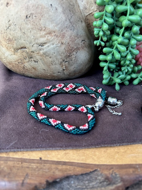 Vibrant Hand-Crocheted Beaded Necklace with Geometric Pattern