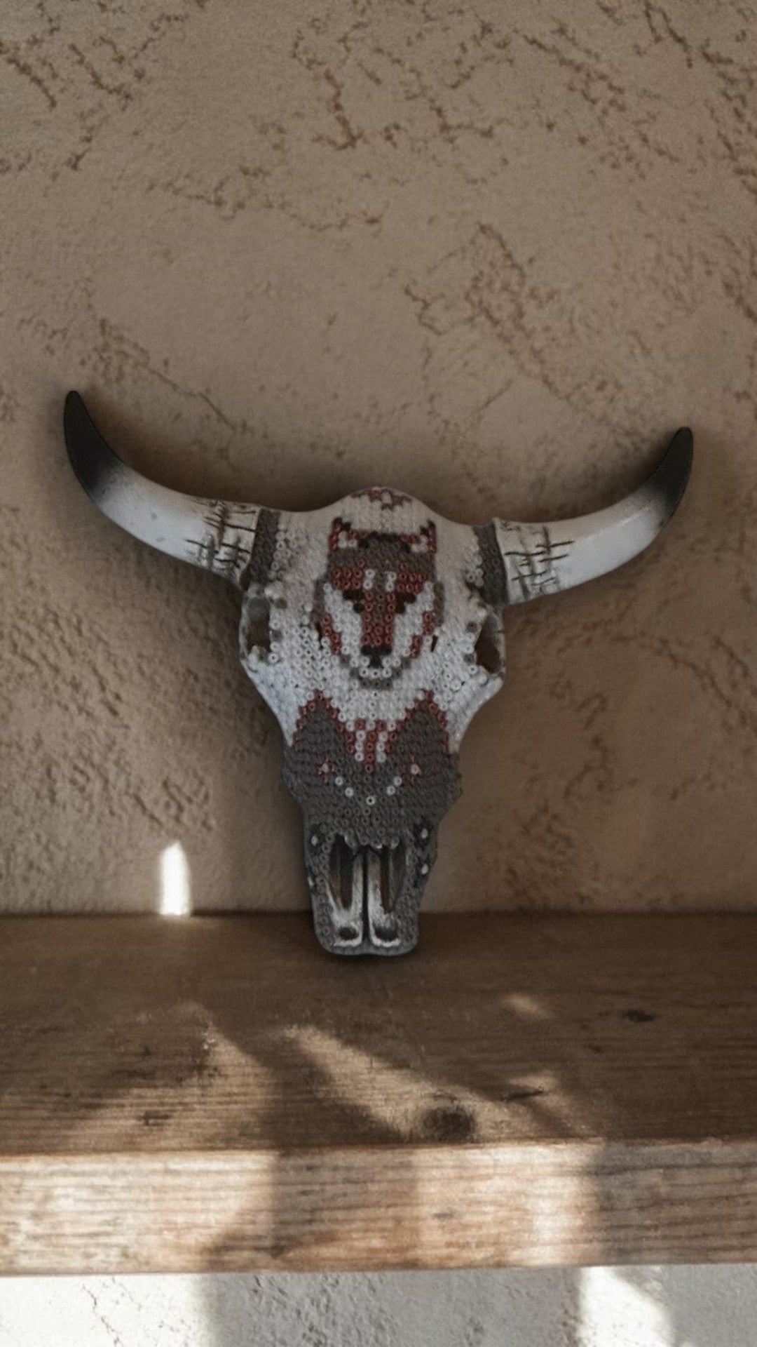 Mini Beaded Wolf Face Cow Skull Art Sculpture