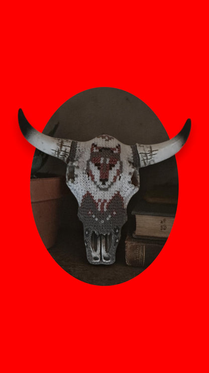 Mini Beaded Wolf Face Cow Skull Art Sculpture