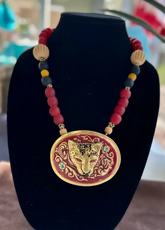 Regal Leopard Head Statement Necklace with Bold Beaded Accents image 1