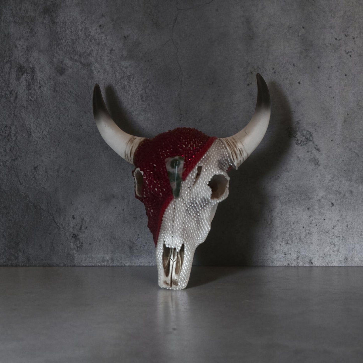 Beaded Cow Skull — Red & Pearl Art Sculpture