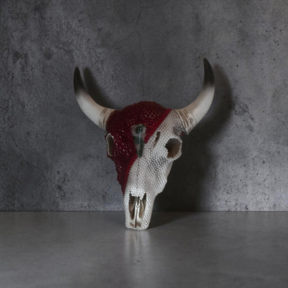 Beaded Cow Skull — Red & Pearl Art Sculpture