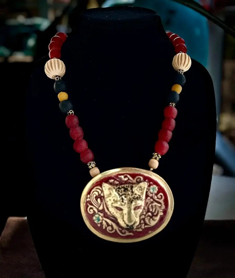 Regal Leopard Head Statement Necklace with Bold Beaded Accents image 0