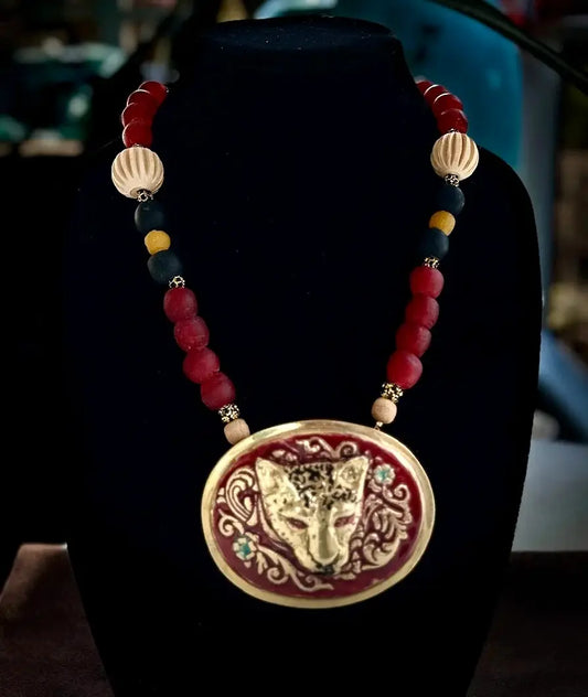 Regal Leopard Head Statement Necklace with Bold Beaded Accents image 0