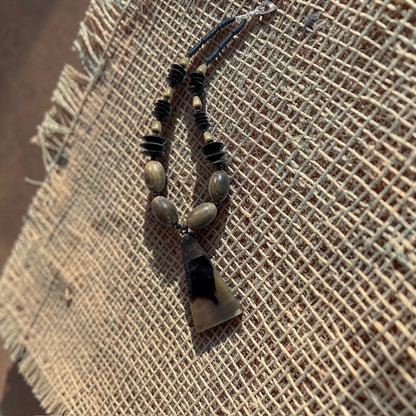 Hand-Beaded African Statement Necklace – Natural Wood & Horn Pendant