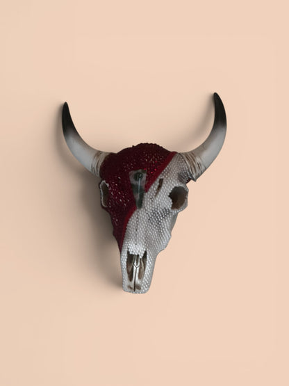 Beaded Cow Skull — Red & Pearl Art Sculpture