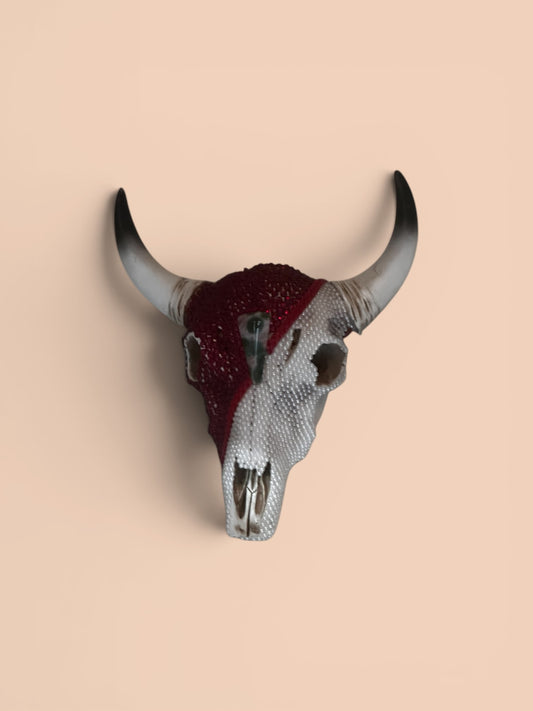 Beaded Cow Skull — Red & Pearl Art Sculpture