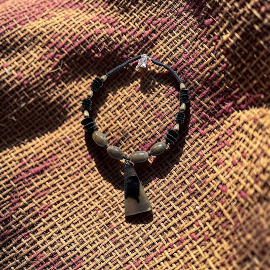 Hand-Beaded African Statement Necklace – Natural Wood & Horn Pendant