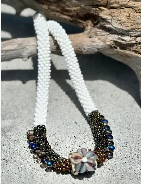 Whispering Bloom Beaded Necklace — Elegant Floral Accent with Pearl White and Bronze Beads image 0